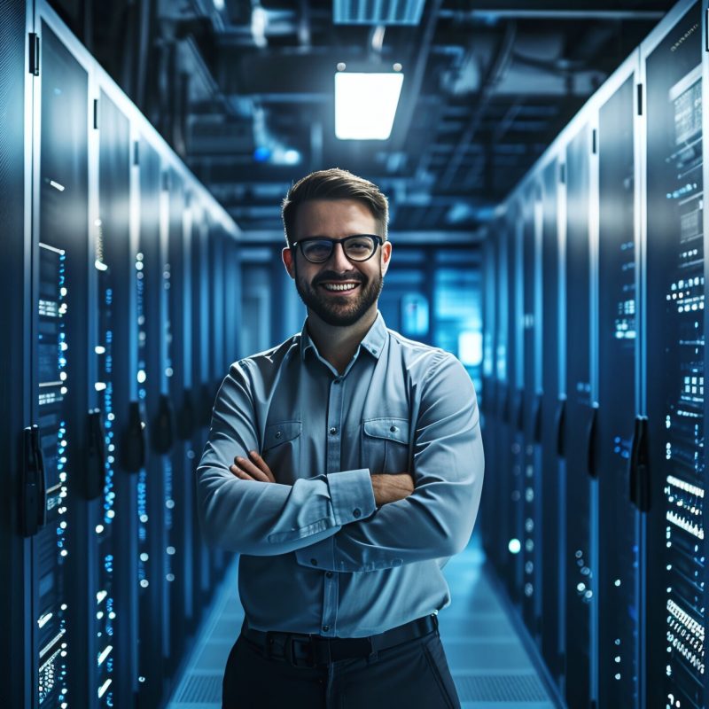Confident IT engineer with glasses standing in server room data center arms crossed and smiling